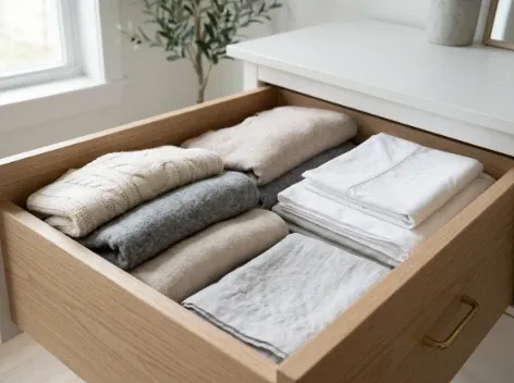 Neatly folded cream and grey sweaters stacked in an open wooden drawer show organized downsizing in a calming home.